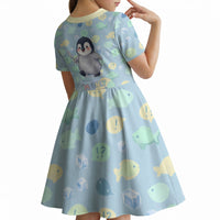 Sneaky Flipper Cute Penguin Holding Knife Kid Short Sleeve Dress Funny Chibi Penguin Graphic With Ice And Fish Pattern