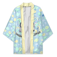Sneaky Flipper Cute Penguin Holding Knife Kimono Funny Chibi Penguin Graphic With Ice And Fish Pattern