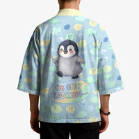 Sneaky Flipper Cute Penguin Holding Knife Kimono Funny Chibi Penguin Graphic With Ice And Fish Pattern