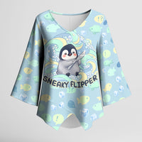 Sneaky Flipper Cute Penguin Holding Knife Kimono Sleeve Blouse Funny Chibi Penguin Graphic With Ice And Fish Pattern