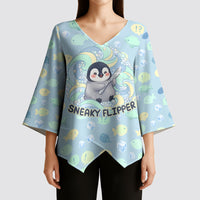 Sneaky Flipper Cute Penguin Holding Knife Kimono Sleeve Blouse Funny Chibi Penguin Graphic With Ice And Fish Pattern