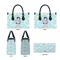 Sneaky Flipper Cute Penguin Holding Knife Leather Bag Funny Chibi Penguin Graphic With Ice And Fish Pattern