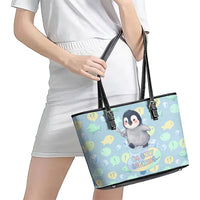 Sneaky Flipper Cute Penguin Holding Knife Leather Tote Bag Funny Chibi Penguin Graphic With Ice And Fish Pattern