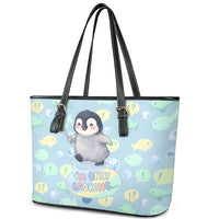 Sneaky Flipper Cute Penguin Holding Knife Leather Tote Bag Funny Chibi Penguin Graphic With Ice And Fish Pattern