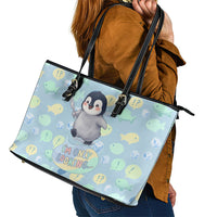 Sneaky Flipper Cute Penguin Holding Knife Leather Tote Bag Funny Chibi Penguin Graphic With Ice And Fish Pattern