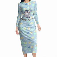 Sneaky Flipper Cute Penguin Holding Knife Long Sleeve Bodycon Dress Funny Chibi Penguin Graphic With Ice And Fish Pattern