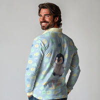 Sneaky Flipper Cute Penguin Holding Knife Long Sleeve Polo Shirt Funny Chibi Penguin Graphic With Ice And Fish Pattern