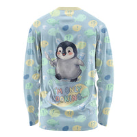 Sneaky Flipper Cute Penguin Holding Knife Long Sleeve Shirt Funny Chibi Penguin Graphic With Ice And Fish Pattern