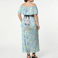 Sneaky Flipper Cute Penguin Holding Knife Off Shoulder Maxi Dress Funny Chibi Penguin Graphic With Ice And Fish Pattern