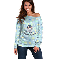Sneaky Flipper Cute Penguin Holding Knife Off Shoulder Sweater Funny Chibi Penguin Graphic With Ice And Fish Pattern