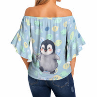 Sneaky Flipper Cute Penguin Holding Knife Off Shoulder Wrap Waist Top Funny Chibi Penguin Graphic With Ice And Fish Pattern