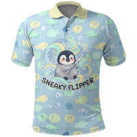 Sneaky Flipper Cute Penguin Holding Knife Polo Shirt Funny Chibi Penguin Graphic With Ice And Fish Pattern