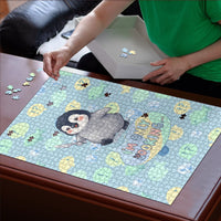 Sneaky Flipper Cute Penguin Holding Knife Puzzle Funny Chibi Penguin Graphic With Ice And Fish Pattern