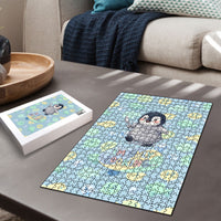 Sneaky Flipper Cute Penguin Holding Knife Puzzle Funny Chibi Penguin Graphic With Ice And Fish Pattern