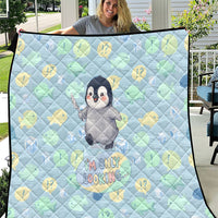 Sneaky Flipper Cute Penguin Holding Knife Quilt Funny Chibi Penguin Graphic With Ice And Fish Pattern