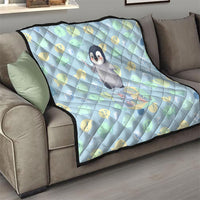 Sneaky Flipper Cute Penguin Holding Knife Quilt Funny Chibi Penguin Graphic With Ice And Fish Pattern