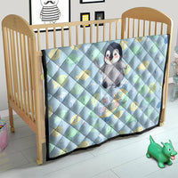 Sneaky Flipper Cute Penguin Holding Knife Quilt Funny Chibi Penguin Graphic With Ice And Fish Pattern