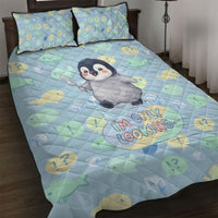 Sneaky Flipper Cute Penguin Holding Knife Quilt Bed Set Funny Chibi Penguin Graphic With Ice And Fish Pattern