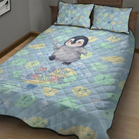Sneaky Flipper Cute Penguin Holding Knife Quilt Bed Set Funny Chibi Penguin Graphic With Ice And Fish Pattern