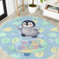 Sneaky Flipper Cute Penguin Holding Knife Round Carpet Funny Chibi Penguin Graphic With Ice And Fish Pattern