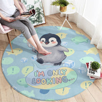 Sneaky Flipper Cute Penguin Holding Knife Round Carpet Funny Chibi Penguin Graphic With Ice And Fish Pattern