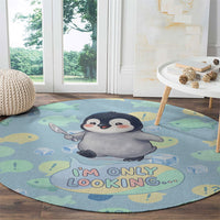 Sneaky Flipper Cute Penguin Holding Knife Round Carpet Funny Chibi Penguin Graphic With Ice And Fish Pattern