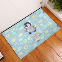 Sneaky Flipper Cute Penguin Holding Knife Rubber Doormat Funny Chibi Penguin Graphic With Ice And Fish Pattern