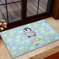 Sneaky Flipper Cute Penguin Holding Knife Rubber Doormat Funny Chibi Penguin Graphic With Ice And Fish Pattern