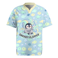Sneaky Flipper Cute Penguin Holding Knife Rugby Jersey Funny Chibi Penguin Graphic With Ice And Fish Pattern