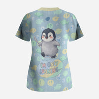 Sneaky Flipper Cute Penguin Holding Knife Scrub Top Funny Chibi Penguin Graphic With Ice And Fish Pattern