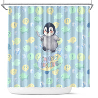 Sneaky Flipper Cute Penguin Holding Knife Shower Curtain Funny Chibi Penguin Graphic With Ice And Fish Pattern