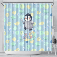 Sneaky Flipper Cute Penguin Holding Knife Shower Curtain Funny Chibi Penguin Graphic With Ice And Fish Pattern