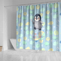 Sneaky Flipper Cute Penguin Holding Knife Shower Curtain Funny Chibi Penguin Graphic With Ice And Fish Pattern