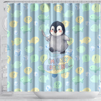 Sneaky Flipper Cute Penguin Holding Knife Shower Curtain Funny Chibi Penguin Graphic With Ice And Fish Pattern