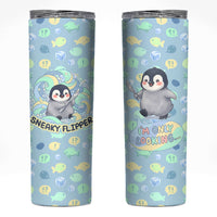 Sneaky Flipper Cute Penguin Holding Knife Skinny Tumbler Funny Chibi Penguin Graphic With Ice And Fish Pattern