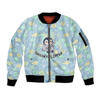Sneaky Flipper Cute Penguin Holding Knife Sleeve Zip Bomber Jacket Funny Chibi Penguin Graphic With Ice And Fish Pattern