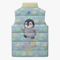 Sneaky Flipper Cute Penguin Holding Knife Sleeveless Puffer Jacket Funny Chibi Penguin Graphic With Ice And Fish Pattern