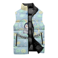 Sneaky Flipper Cute Penguin Holding Knife Sleeveless Puffer Jacket Funny Chibi Penguin Graphic With Ice And Fish Pattern
