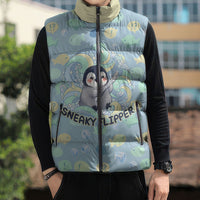 Sneaky Flipper Cute Penguin Holding Knife Sleeveless Puffer Jacket Funny Chibi Penguin Graphic With Ice And Fish Pattern