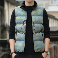 Sneaky Flipper Cute Penguin Holding Knife Sleeveless Puffer Jacket Funny Chibi Penguin Graphic With Ice And Fish Pattern