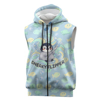 Sneaky Flipper Cute Penguin Holding Knife Sleeveless Zip Hoodie Funny Chibi Penguin Graphic With Ice And Fish Pattern