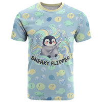 Sneaky Flipper Cute Penguin Holding Knife T Shirt Funny Chibi Penguin Graphic With Ice And Fish Pattern