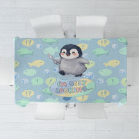 Sneaky Flipper Cute Penguin Holding Knife Tablecloth Funny Chibi Penguin Graphic With Ice And Fish Pattern