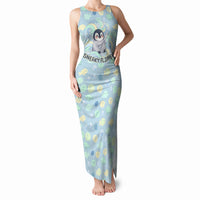 Sneaky Flipper Cute Penguin Holding Knife Tank Maxi Dress Funny Chibi Penguin Graphic With Ice And Fish Pattern
