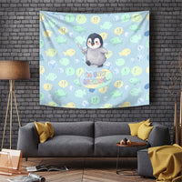 Sneaky Flipper Cute Penguin Holding Knife Tapestry Funny Chibi Penguin Graphic With Ice And Fish Pattern