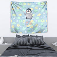 Sneaky Flipper Cute Penguin Holding Knife Tapestry Funny Chibi Penguin Graphic With Ice And Fish Pattern