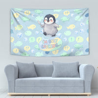 Sneaky Flipper Cute Penguin Holding Knife Tapestry Funny Chibi Penguin Graphic With Ice And Fish Pattern