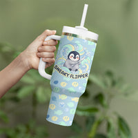 Sneaky Flipper Cute Penguin Holding Knife Tumbler With Handle Funny Chibi Penguin Graphic With Ice And Fish Pattern