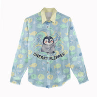 Sneaky Flipper Cute Penguin Holding Knife Women Casual Shirt Funny Chibi Penguin Graphic With Ice And Fish Pattern