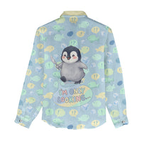 Sneaky Flipper Cute Penguin Holding Knife Women Casual Shirt Funny Chibi Penguin Graphic With Ice And Fish Pattern